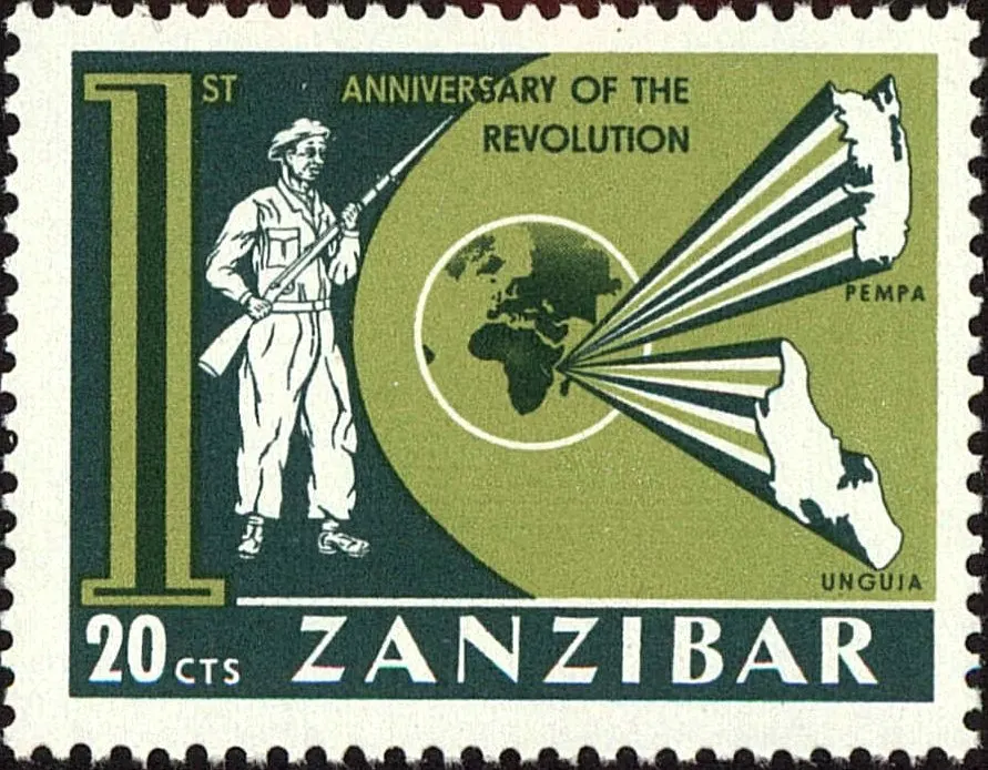 A Zanzibar stamp of 1965 marking the first anniversary of the revolution, with a soldier and a map of Unguja and Pemba.