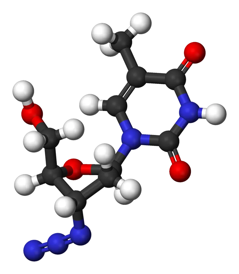 A ball-and-stick model of the zidovudine (AZT) molecule.