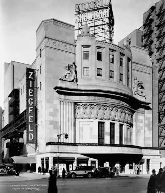 The Ziegfeld Theatre, New York, with Show Boat on its sign, photographed by Irving Underhill.